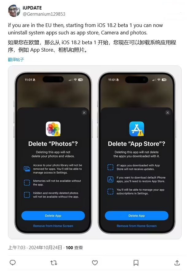 红岗苹果手机维修分享iOS 18.2 支持删除 App Store 应用商店 