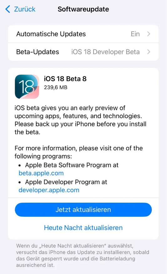 红岗苹果手机维修分享苹果 iOS / iPadOS 18 开发者预览版 Beta 8 发布 